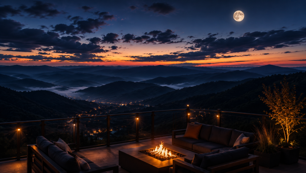 Luxury rooftop terrace overlooking the Smoky Mountains at dusk with fire pit and moonlit sky